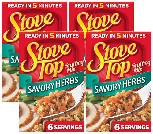 Stove Top Savory Herbs Stuffing Mix, Instant Side Dish for Chicken Pork and Holiday Meals, Savory Seasoned Bread Stuffing, Ready in 5 Minutes, 6 Ounce Box (Pack of 4)